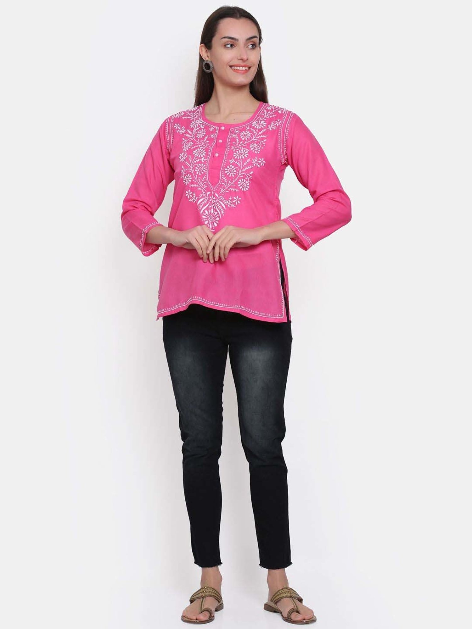 PARAMOUNT CHIKAN Hot Pink Cotton Chikankari Straight Kurti