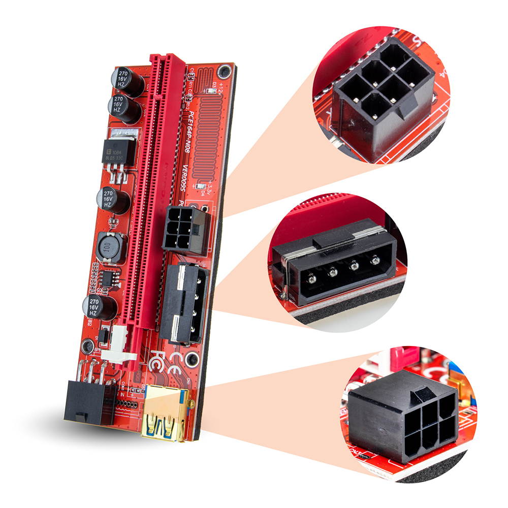 AAAwave PCIE Riser VER 009S 1x to 16x Graphic Extension for GPU Mining USB Riser Powered Adapter Card, 60cm USB 3.0 Cable, 4 Solid Capacitors, 2x 6PIN and Molex 3 Power Options (Orange) Pack of 2