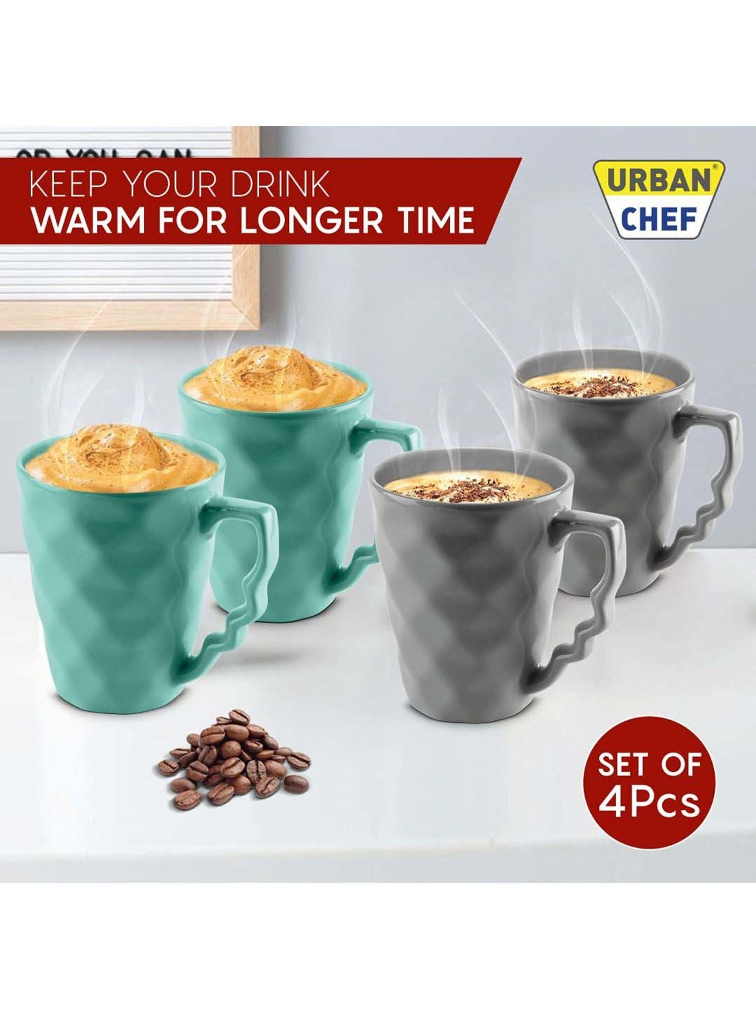 Urban Chef Grey & Blue Ceramic Microwave Safe Coffee Mug (0.225 L) - Set of 4