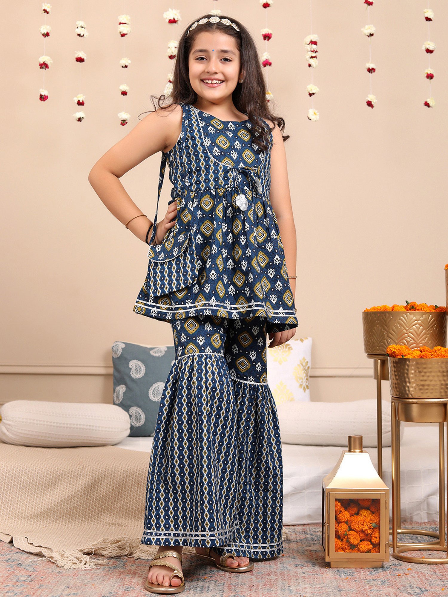 Budding Bees Girls Navy & White Printed Top, Gharara with Sling Bag