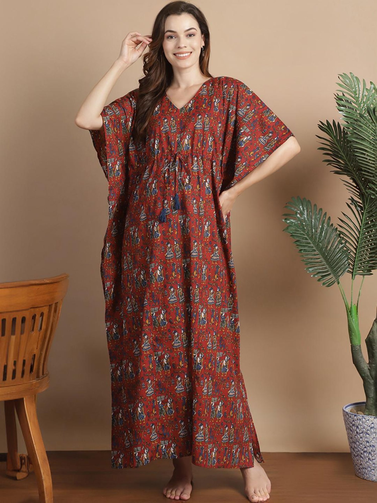 Secret Wish Maroon Cotton Printed Kaftan