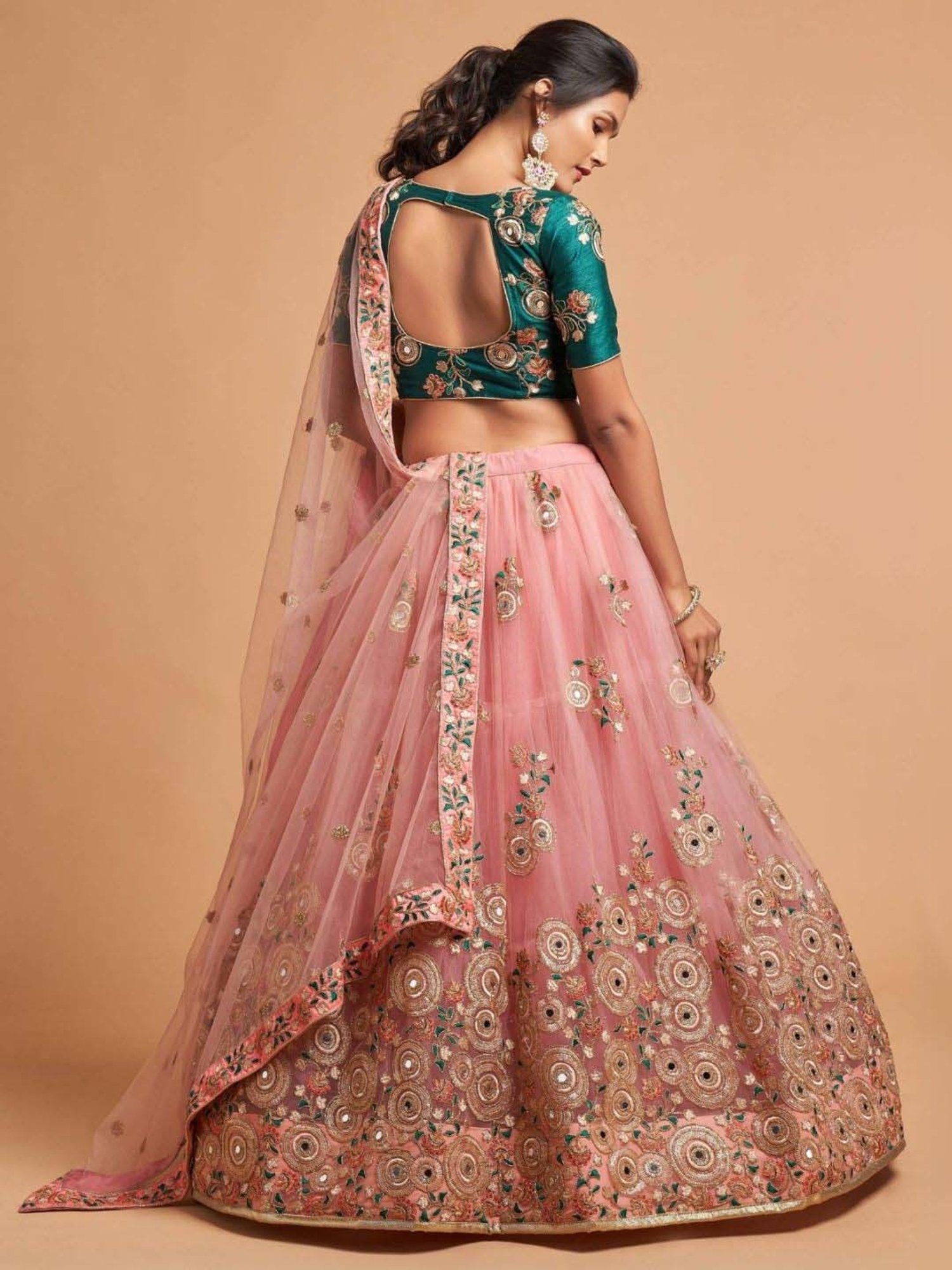 Odette Pink & Green Embroidered Lehenga Choli Set With Dupatta