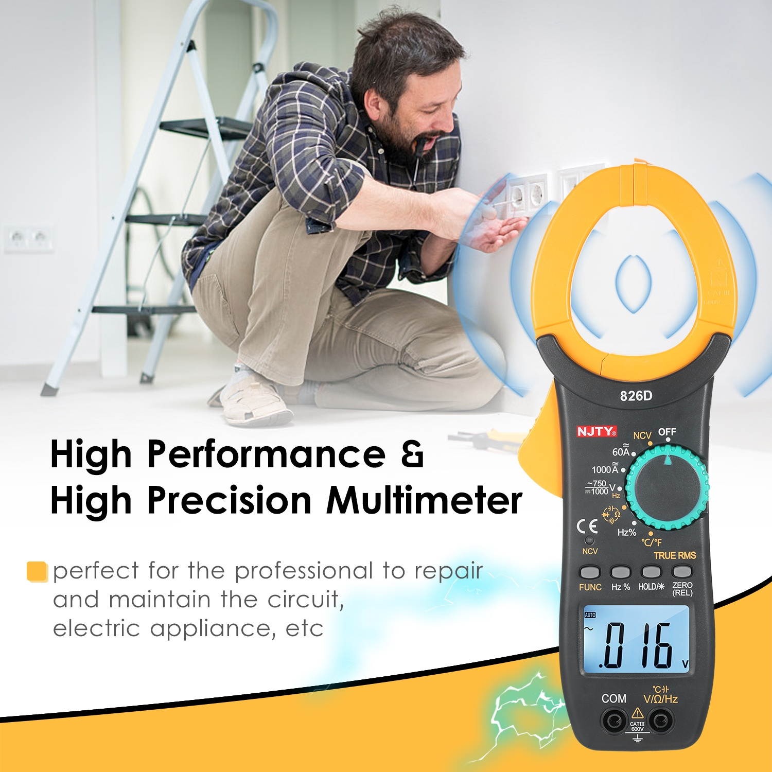 NJTY 826D 1000A AC Clamp Meter Auto Range 6000 Counts 1.9-inch LCD Digital AC True RMS NCV Clamp Type Universal Meter Multipurpose for Measuring DC/AC Current DC/AC Voltage Temperature Resistance