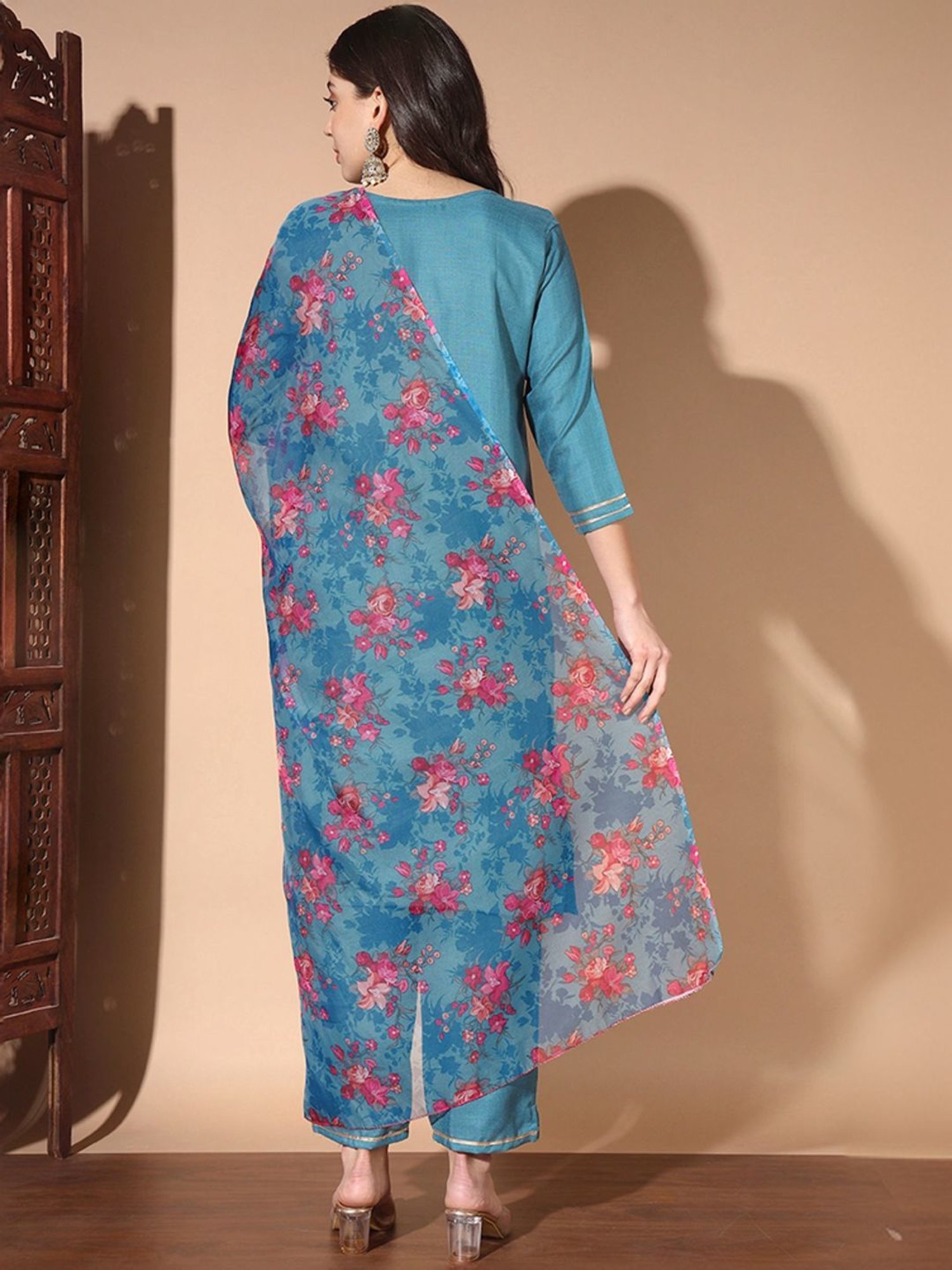 Skylee Teal Blue Embroidered Kurta Pant Set With Dupatta