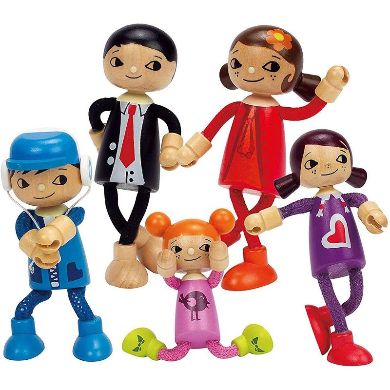 Hape All Season 6 Room Furnished Kids Children Preschool Dollhouse Bundle with Modern Family of 5 Wooden Bendable Posable Toy Doll Set and Toy Car