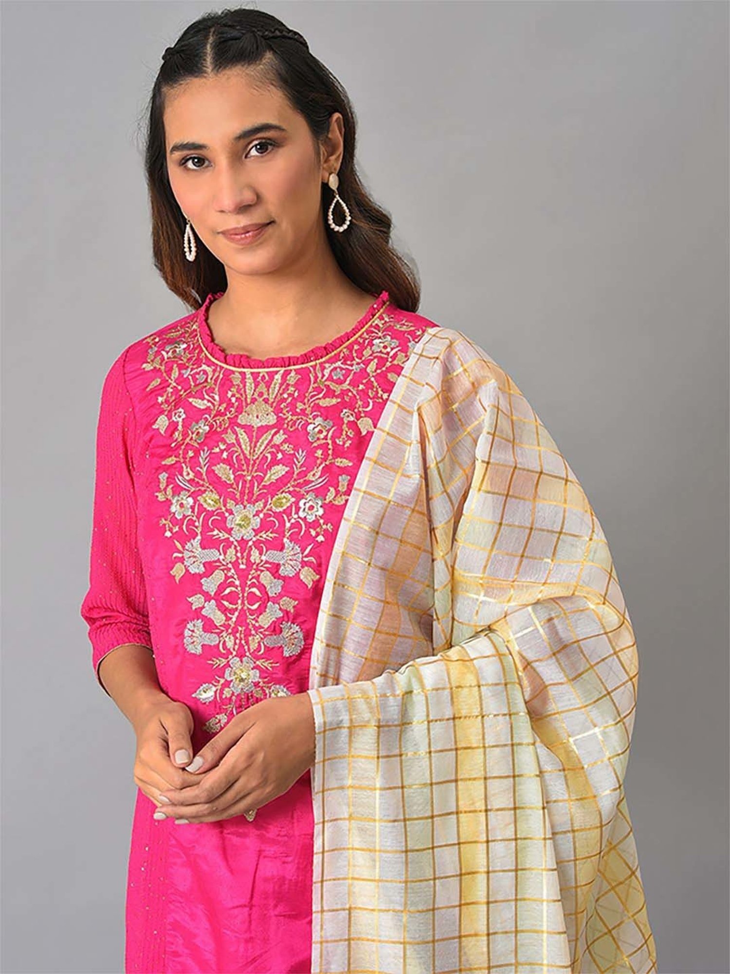 Aurelia Women Off White Solid Silk Kurta Set with Palazzo & Dupatta