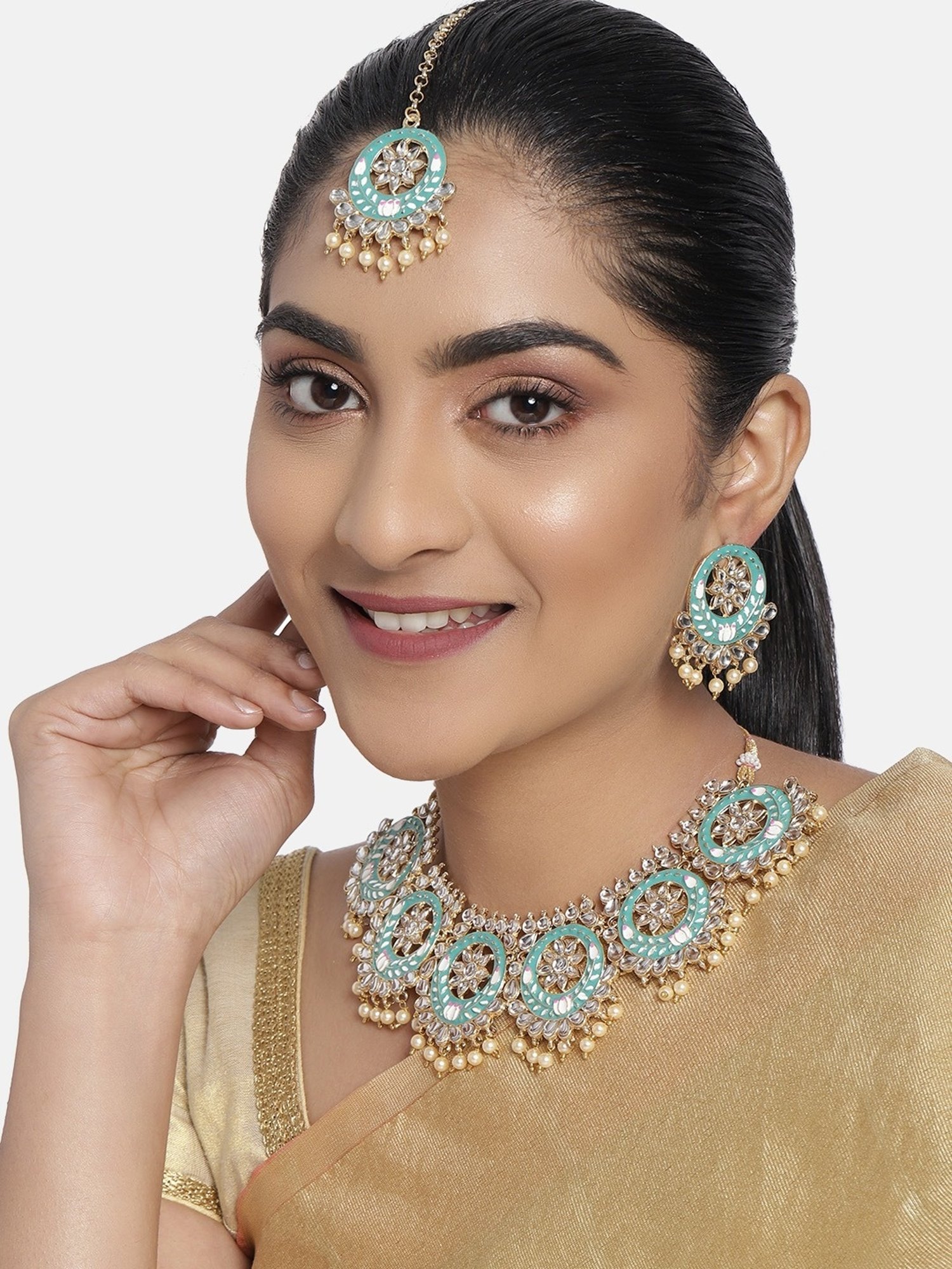 Zaveri Pearls Pastel Green Pink Meenakari Lotus Kundan Necklace Earring & Maangtikka Set-ZPFK10132