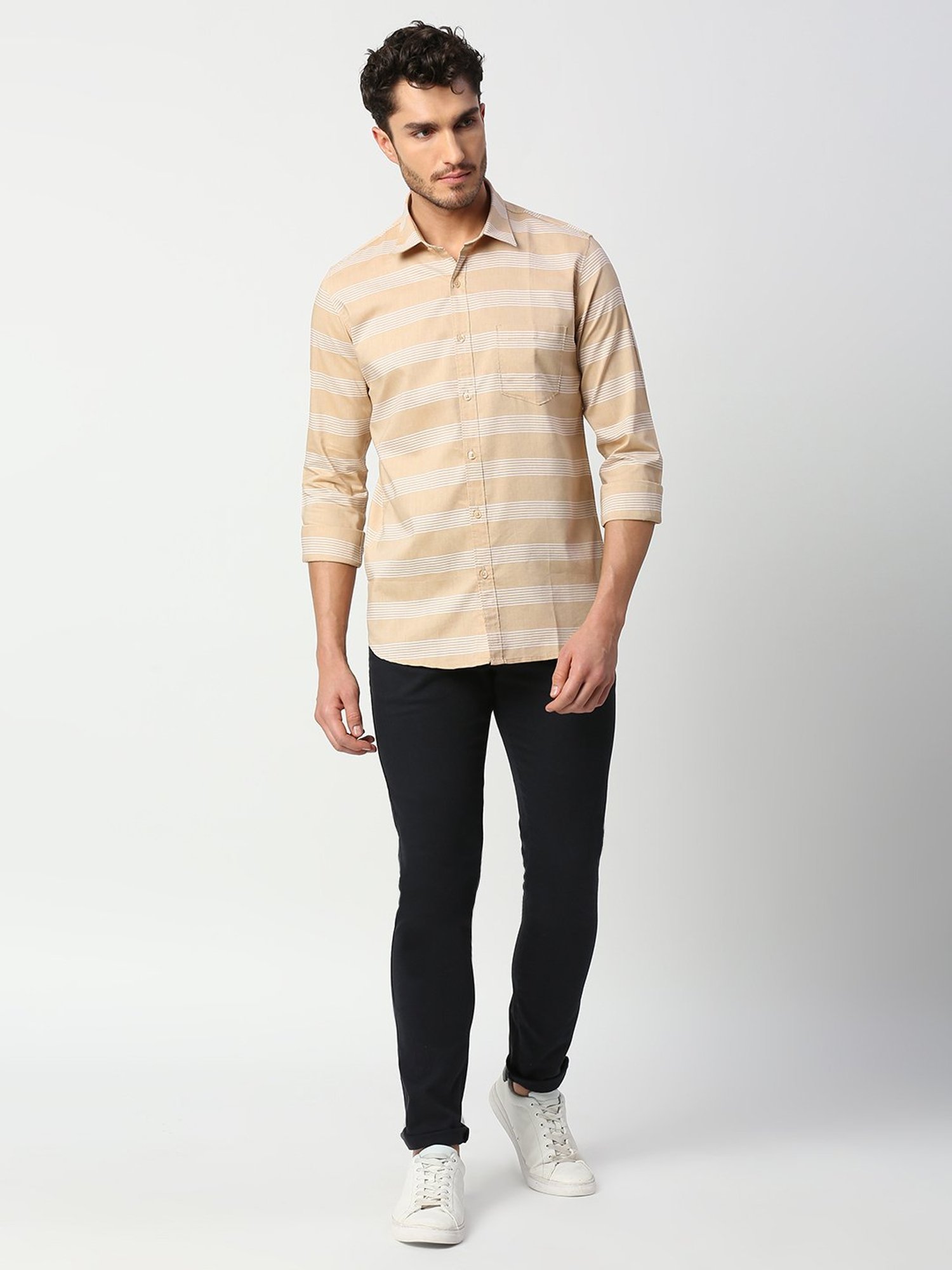 SOLEMIO Beige Slim Fit Striped Shirt