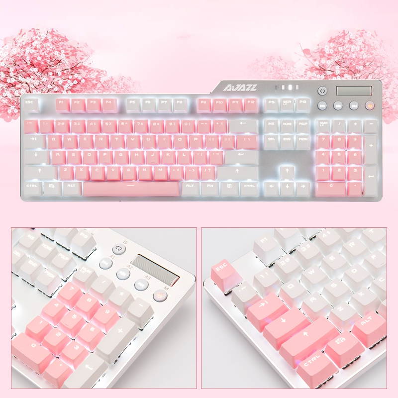 Ajazz AK35I  N-key Rollover Ergonomic Design,Cool Exterior USB Wired Blue Switch Mechanical  Gaming White  Backlit Keyboard For Office And Game, DIY PBT Keycaps - Cherry Blossom Version