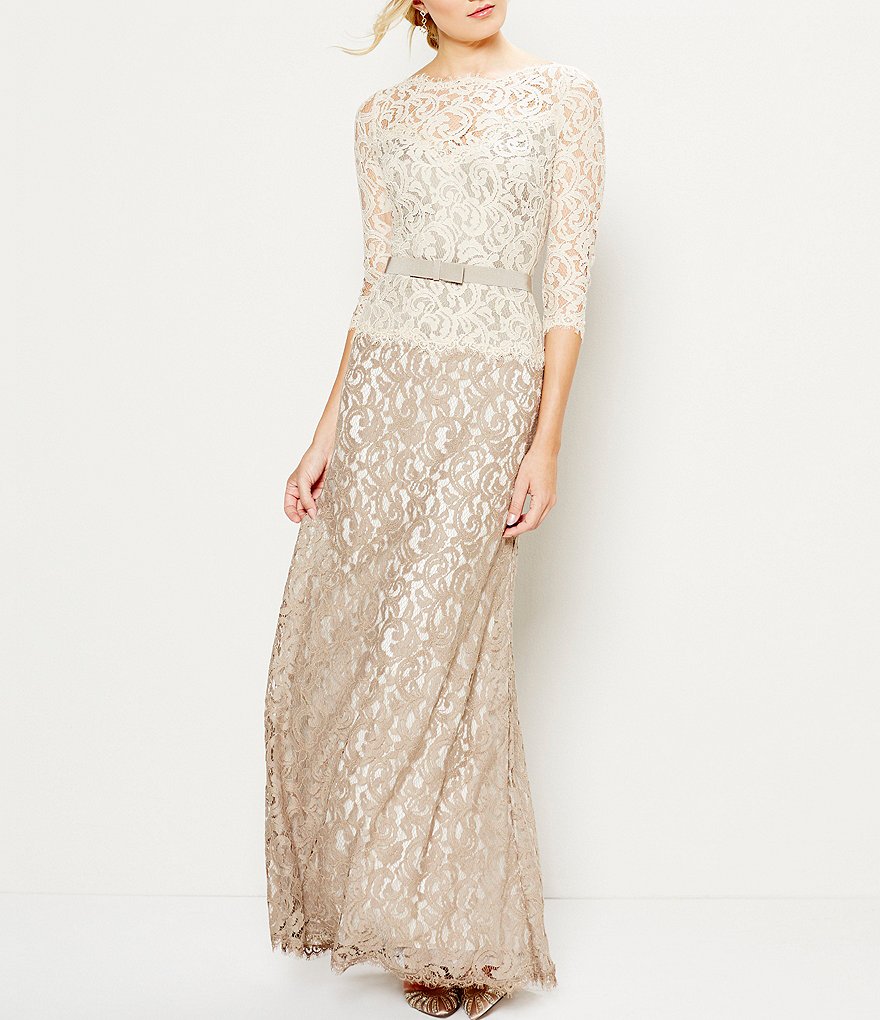 Tadashi Shoji Illusion Neck 3/4 Sleeve Two Tone Lace Gown
