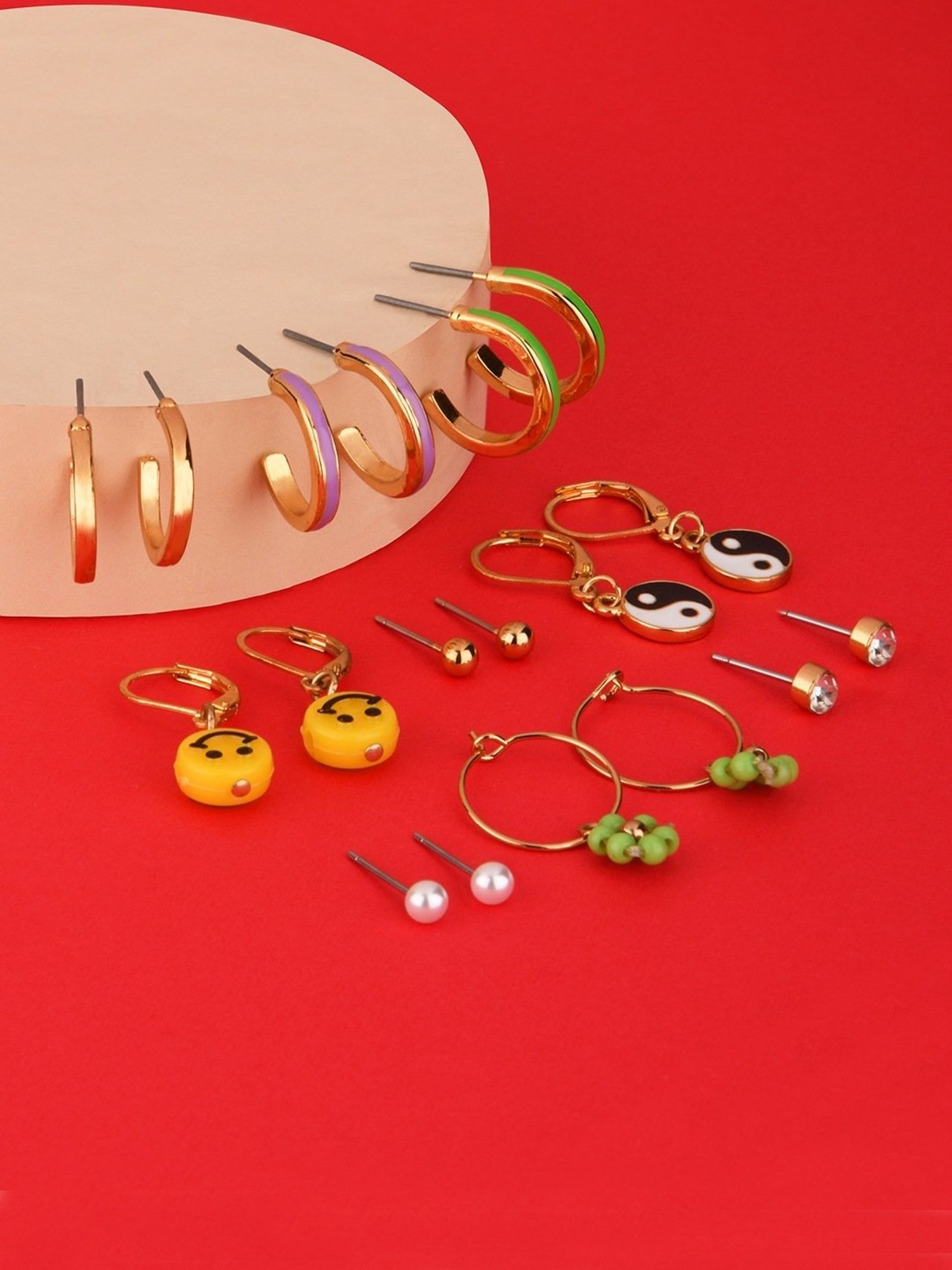 Lilly & Sparkle Set of 9 Golden 3 Studs, 3 Enameled Hoops, and 3 Smiley Yin-Yang Charm Bali Earrings