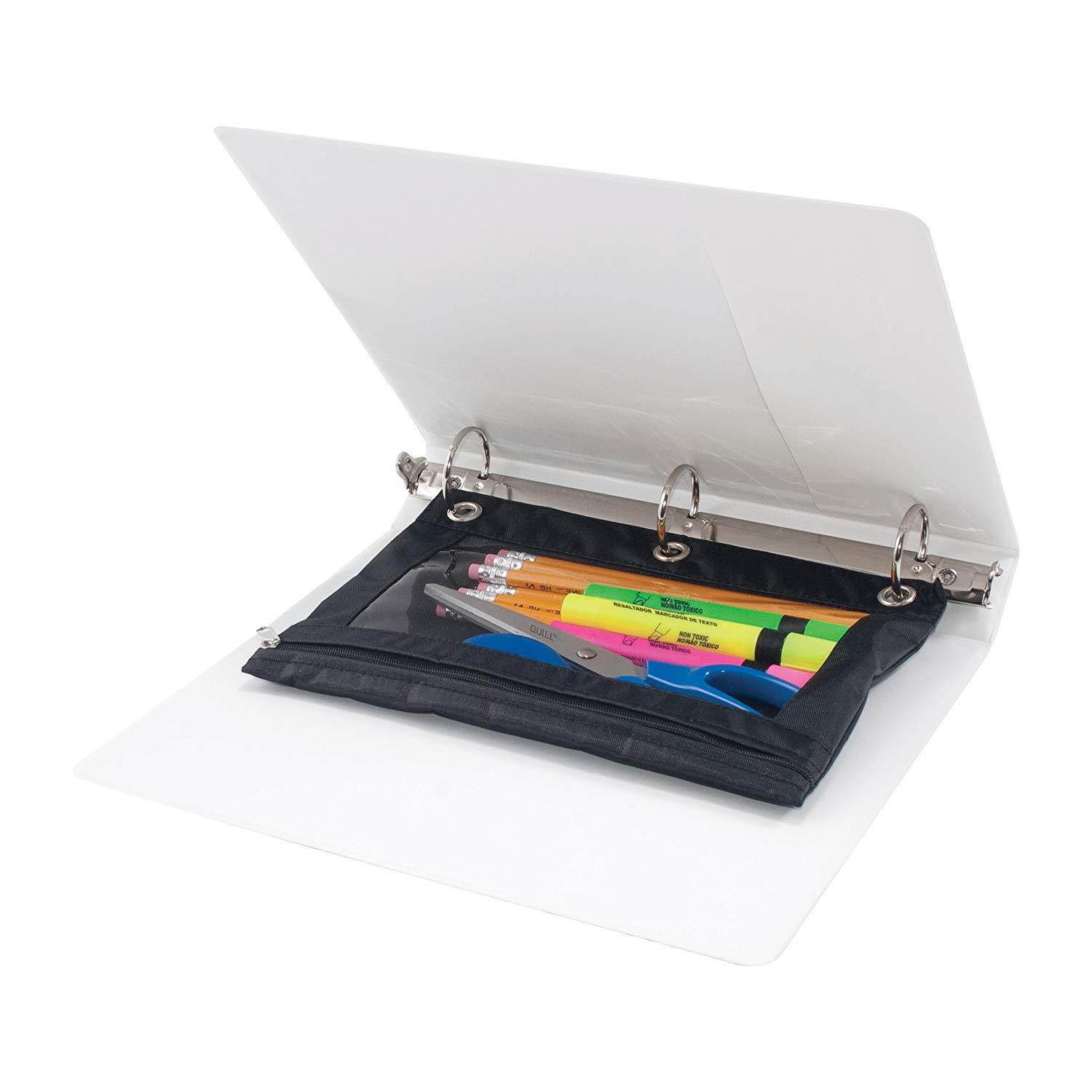 ADVANTUS Zippered Binder Pencil Pouch with Rivets, 7-3/8" x 10", Black with Clear Front, Pack of 3 (63067)