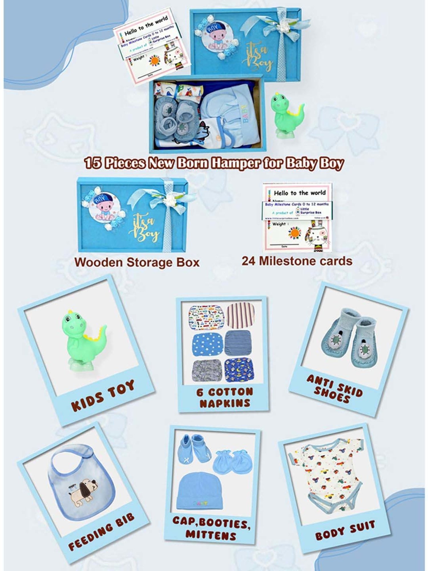 Little Surprise Box Kids Blue & White Cotton Printed Full Sleeves Gift Set