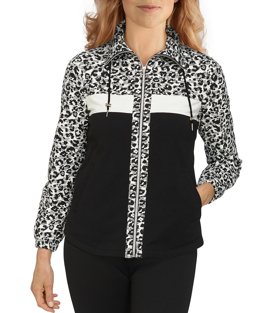 Ruby Rd. Petite Size Leopard Print Colorblock Drawstring Wing Collar Neck Long Sleeve French Terry Zip-Up Jacket