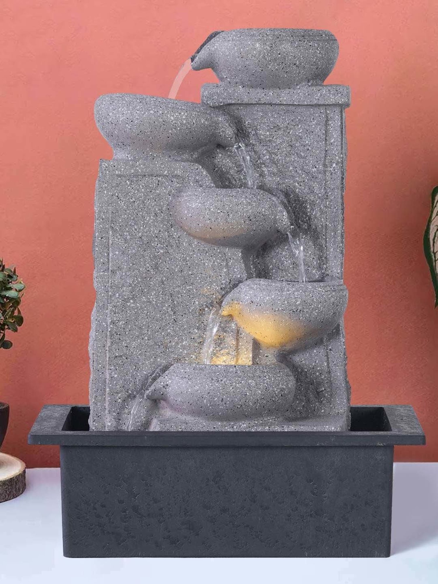 CHRONIKLE Grey Polyresin Table Top 5 Diya Steps Waterfall Fountain
