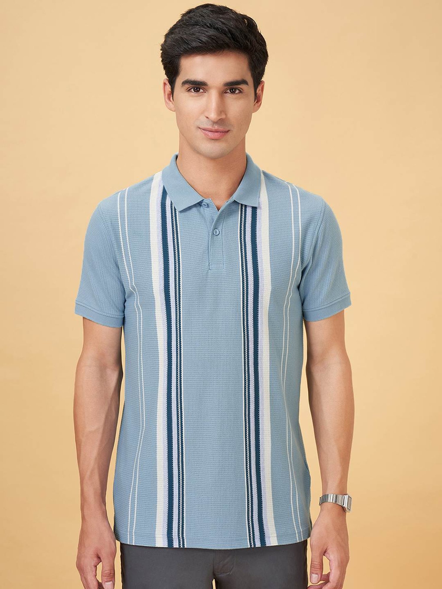 Byford By Pantaloons Blue Slim Fit Striped Polo T-Shirt