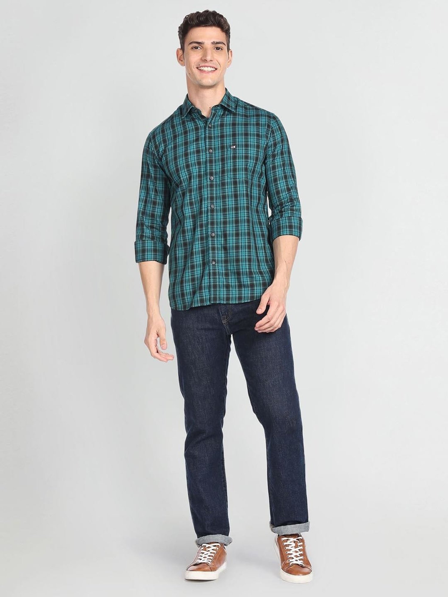 Arrow Sport Green Cotton Slim Fit Checks Shirt