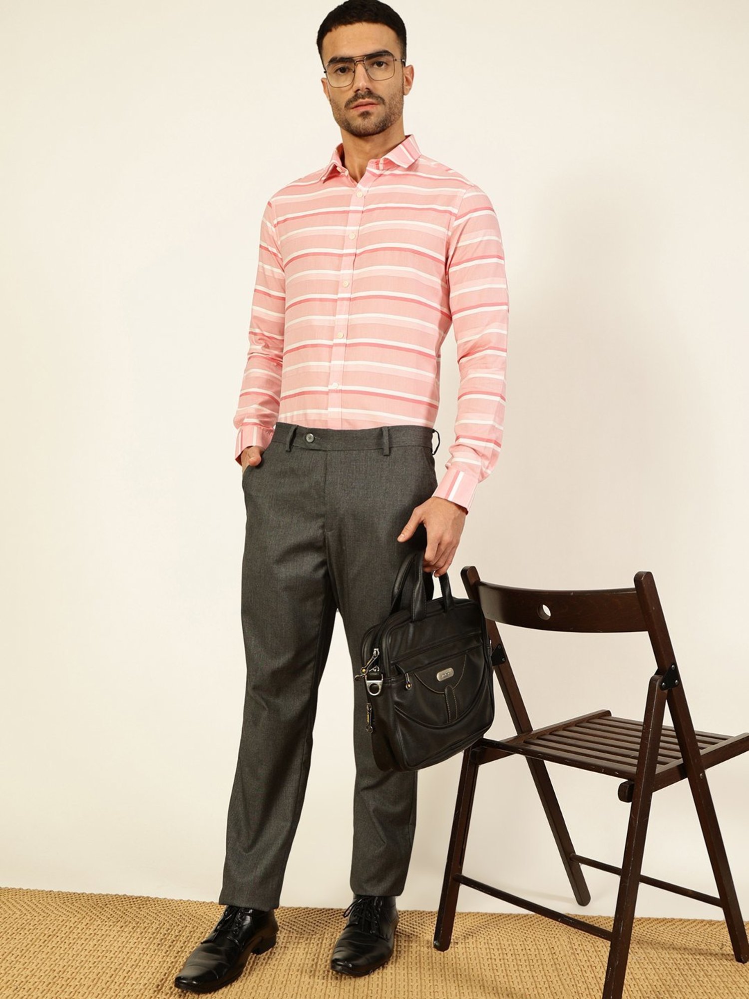 Thomas Scott Medium Pink Cotton Regular Fit Striped Shirt