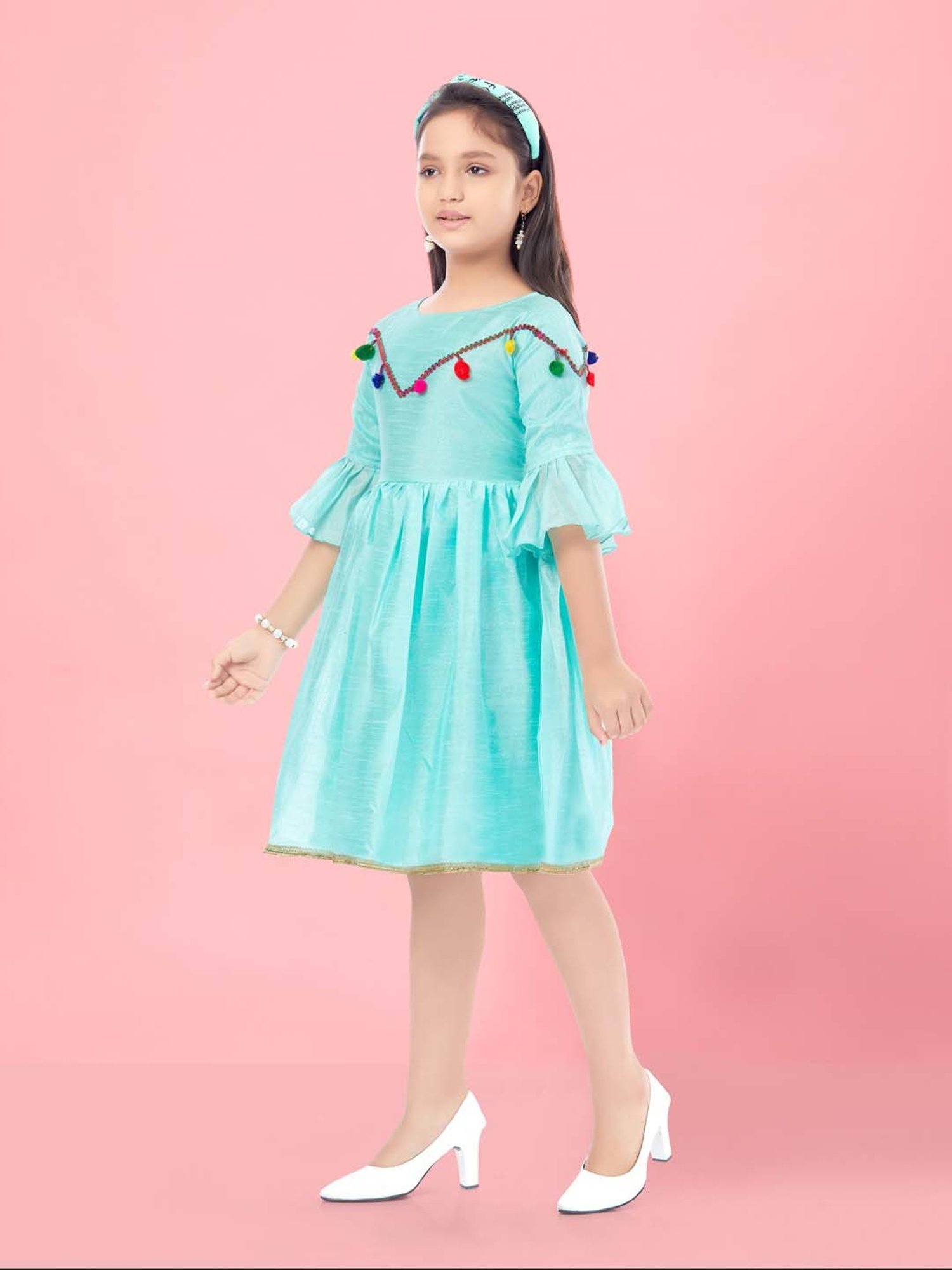 Aarika Kids Firozi Blue Flared Fit Middi Dress