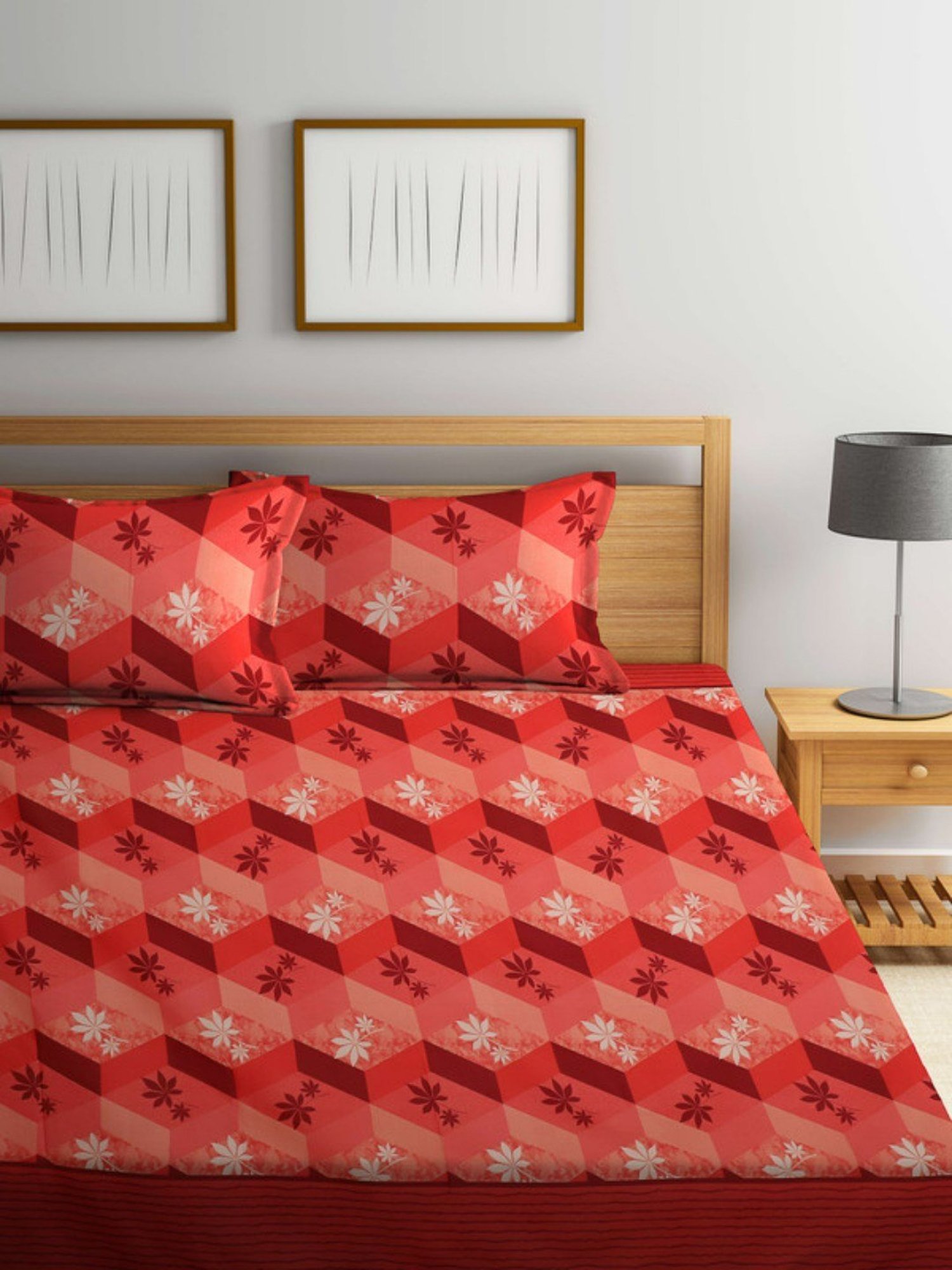 Dhrohar Printed Orange & Brown Cotton 180 TC Double Bedsheet with 2 Pillow covers