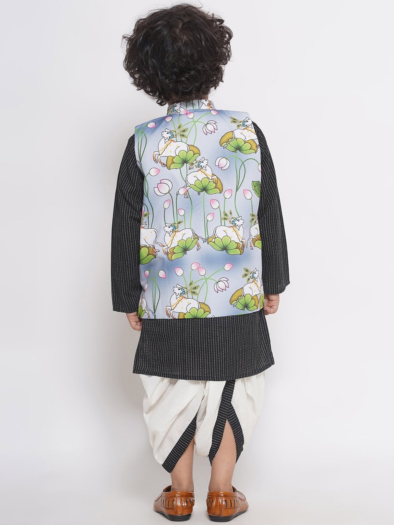 Little Bansi Kids Multicolor Printed Full Sleeves Kurta, Dhoti with Jacket