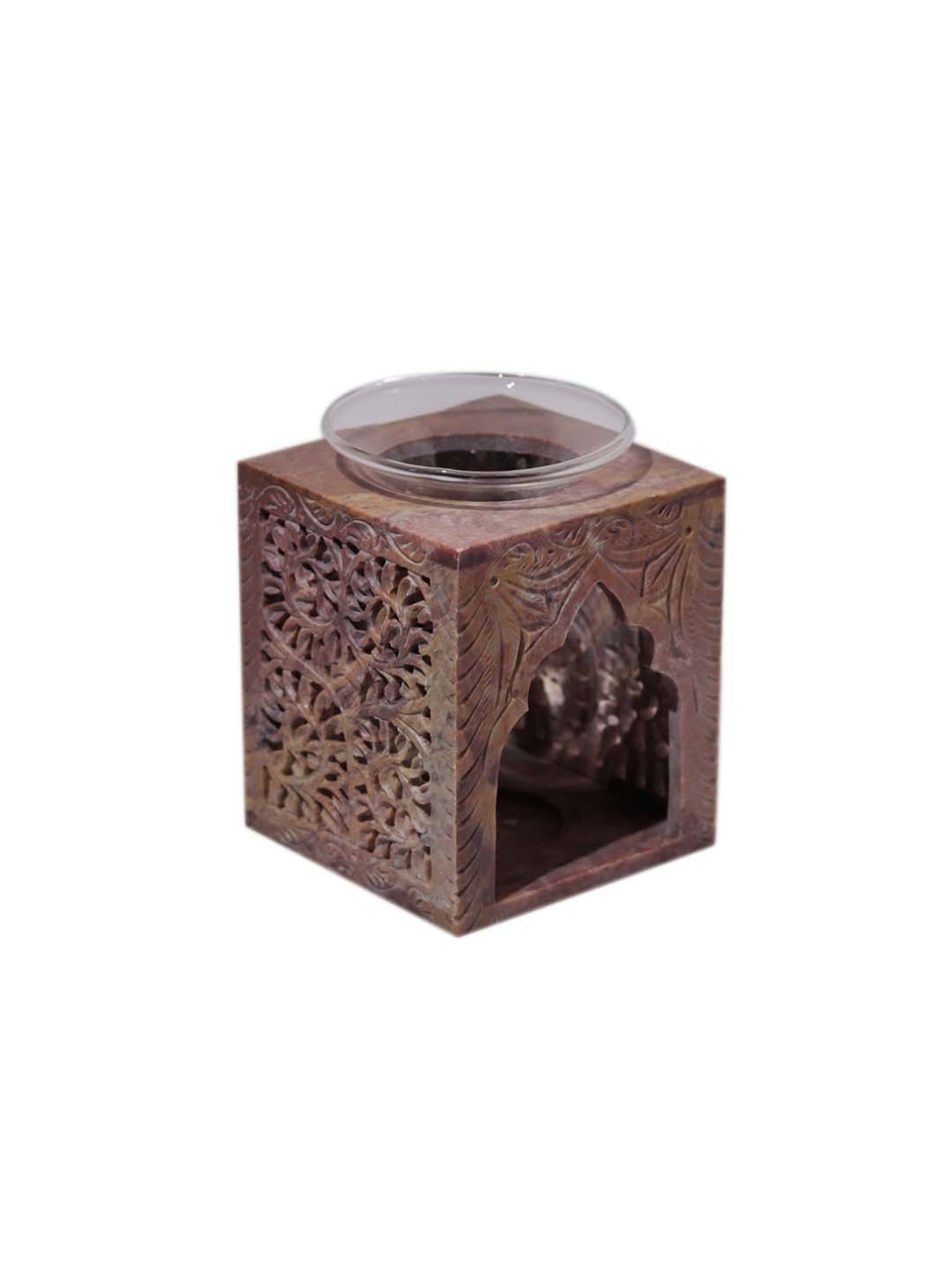Unravel India 'Flower Motif' Brown Marble Aroma Diffuser With Oil Burner - Set of 1
