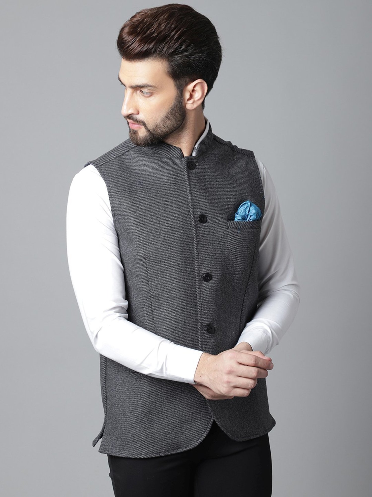 Even Grey Regular Fit Texture Nehru Jacket