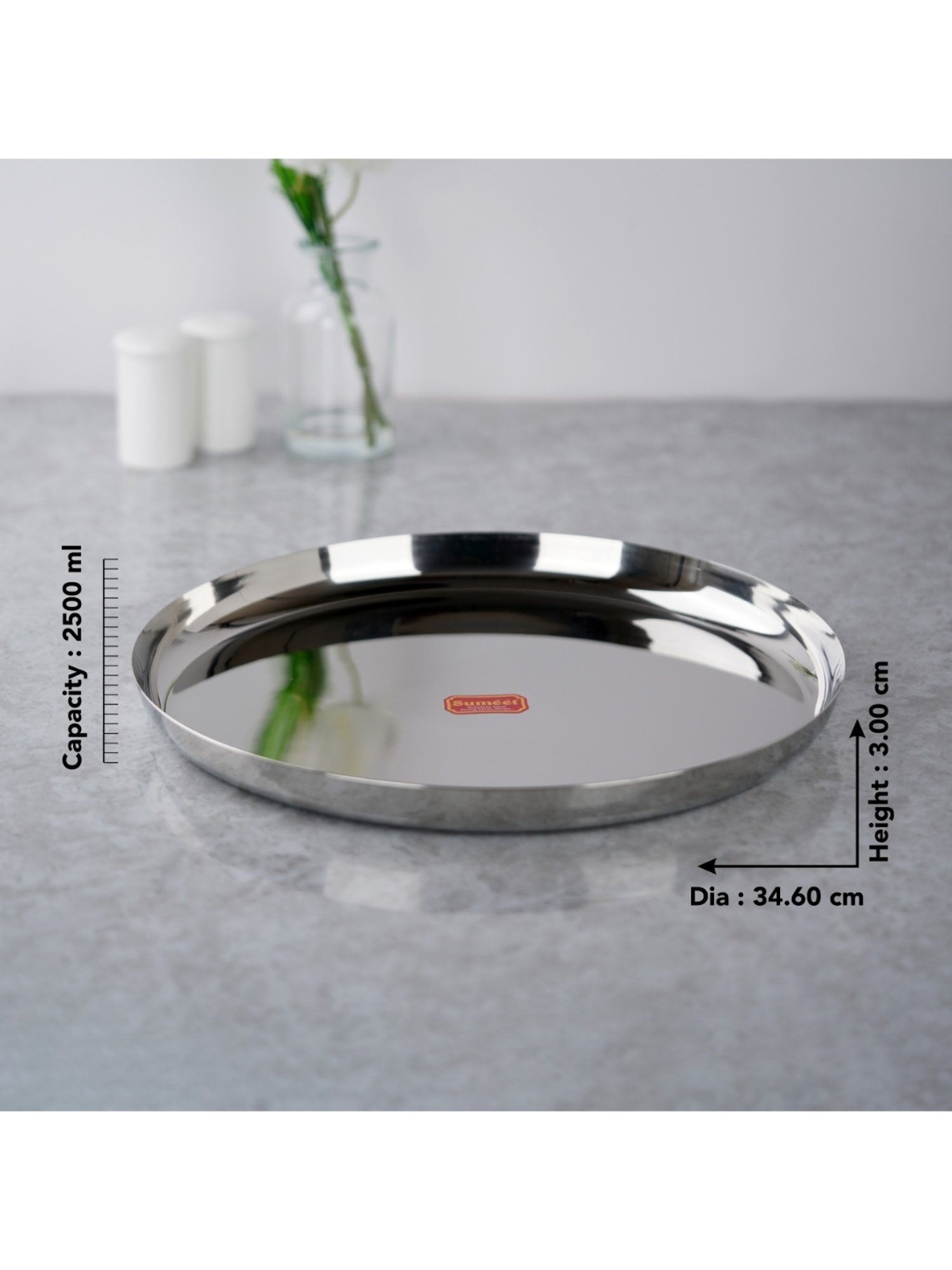 Sumeet Stainless-Steel Apple Shape Heavy Gauge Dinner Plates with Mirror Finish-34.6cm, Set of 3pc