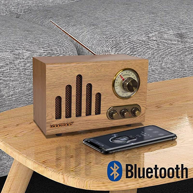 FM AM Radio Retro Wood Radio with Bluetooth Play Mp3 and Antenna Built in Speaker for Kitchen Living Room Office (Yellow)
