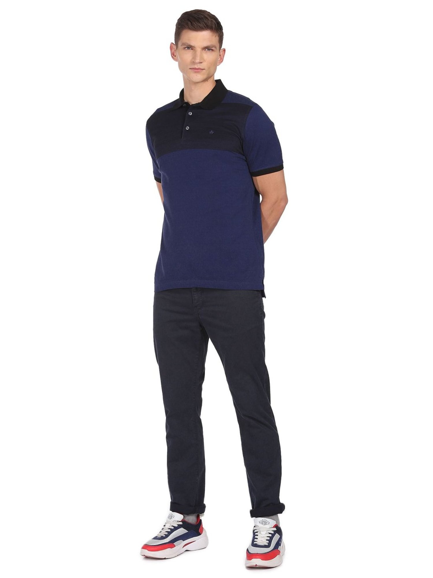 Arrow Navy Cotton Regular Fit Colour Block Polo T-Shirt