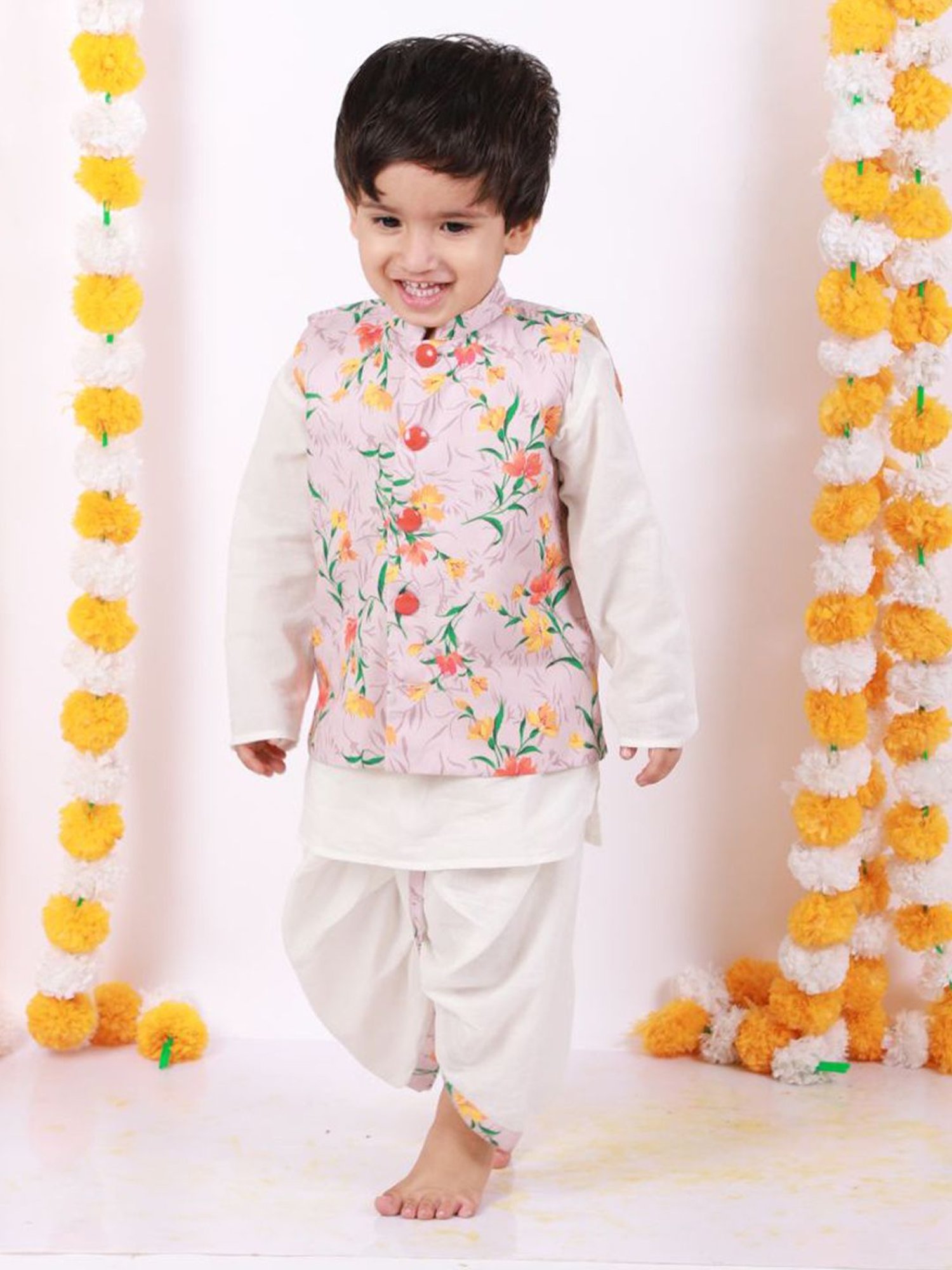 Little Bansi Kids Beige Cotton Floral Print Kurta Set