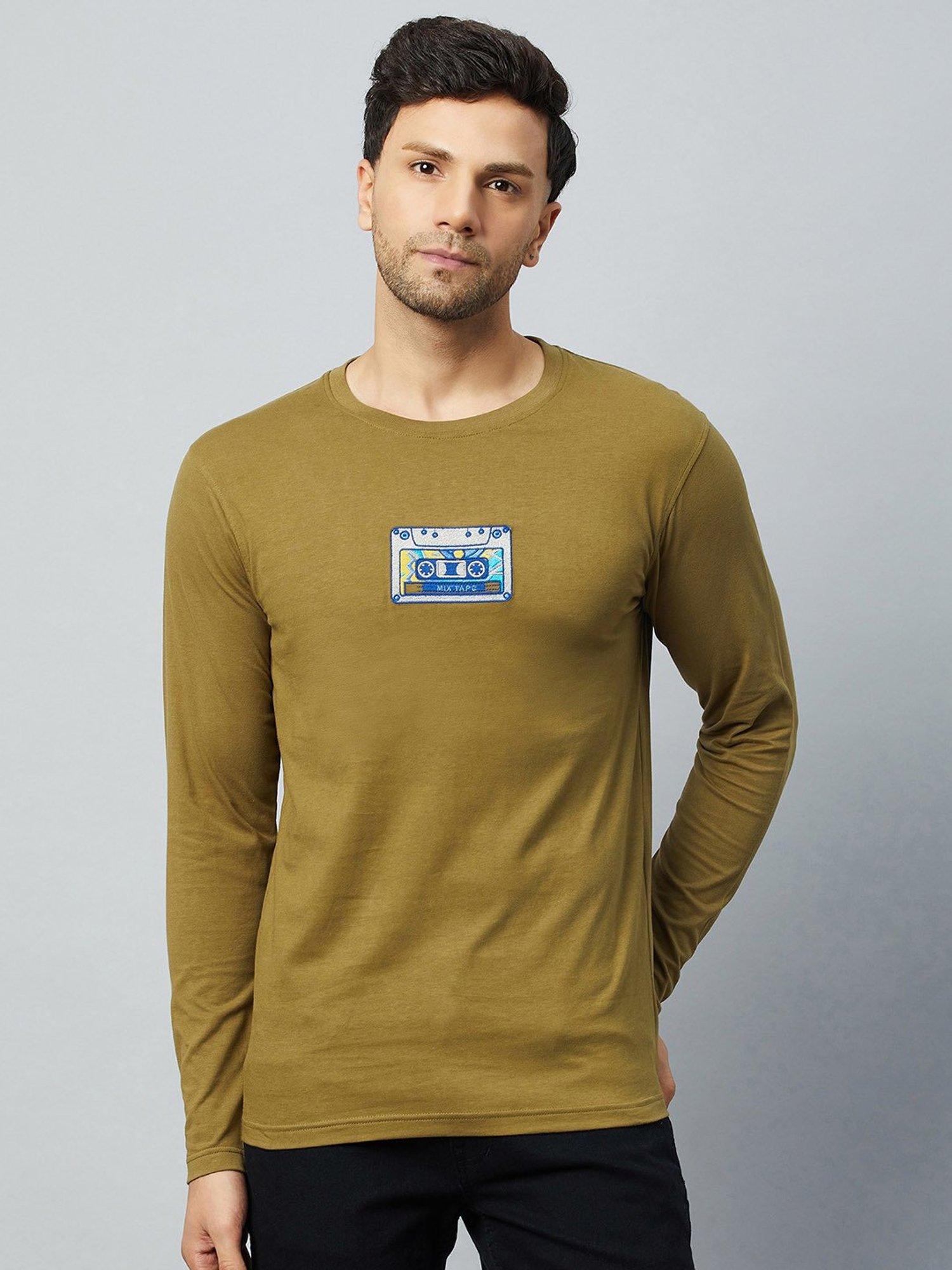 Club York Olive Regular Fit Printed Crew T-Shirt