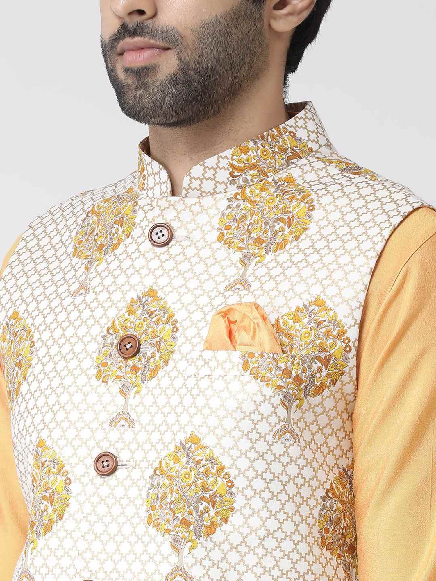 KISAH White Regular Fit Printed Nehru Jacket