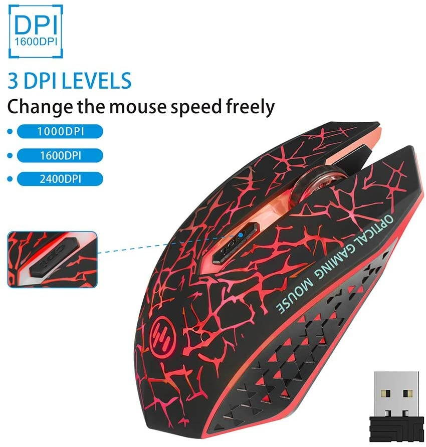 TENMOS K6 Wireless Gaming Mouse Rechargeable Silent LED Optical Computer Mice with USB Receiver 3 Adjustable DPI Level and 6 Buttons Auto Sleeping Compatible Laptop/PC/Notebook (Red Light)