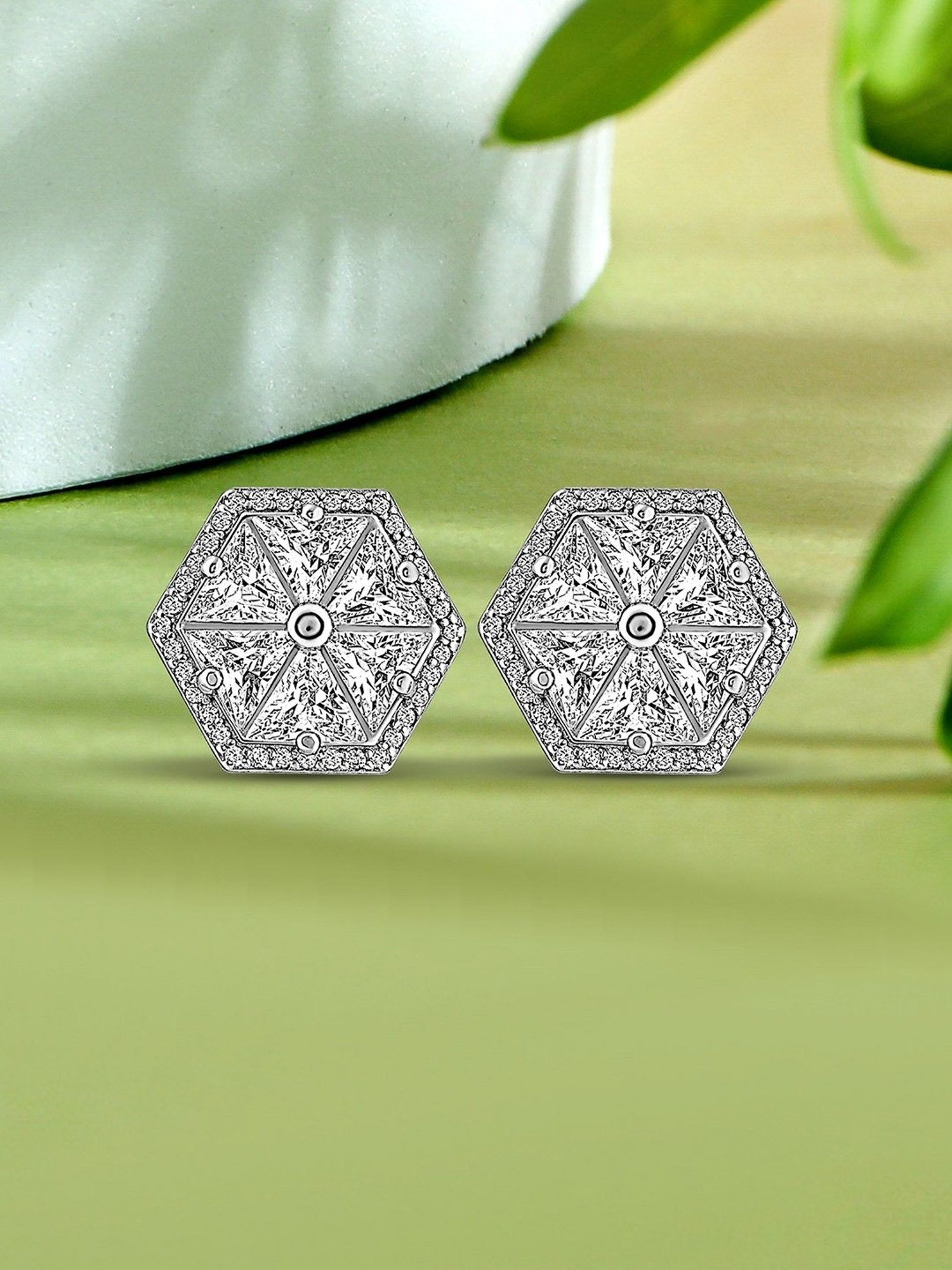 Silberry 92.5 Sterling Silver Crystal Hexa Stud Earrings for Women