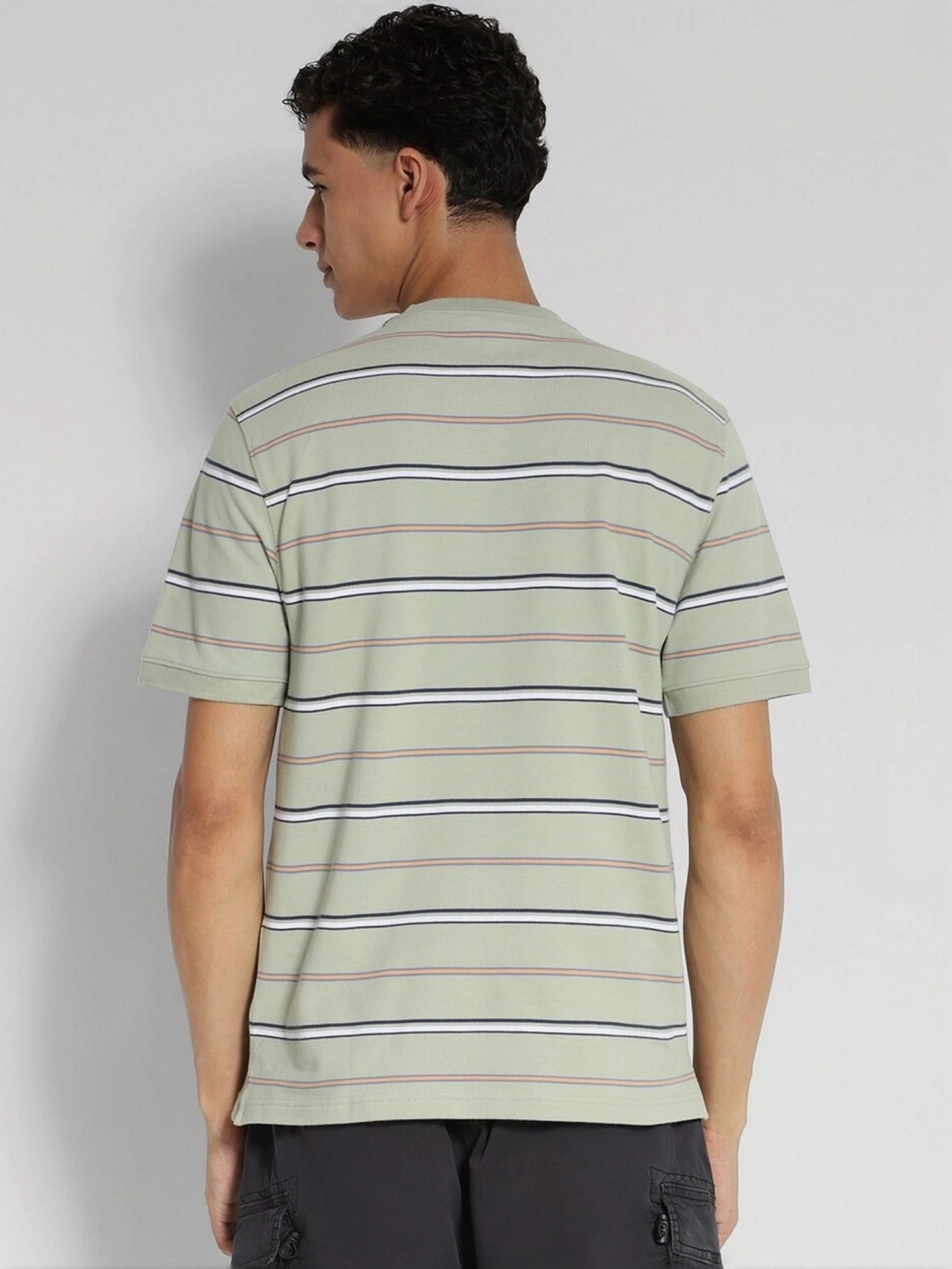 American Eagle Green Cotton Regular Fit Striped T-Shirt