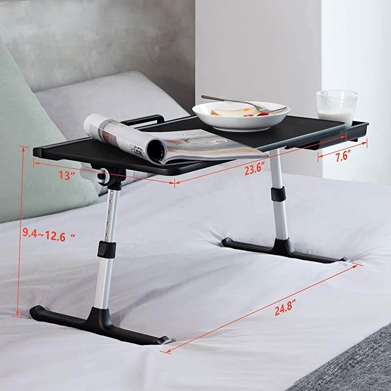 Laptop Table Stand Desk Adjustable PVC Leather Laptop Bed Table Portable Standing Desk with Storage Drawer Foldable Lap Tablet Desk for Sofa Couch Floor LargeBlack