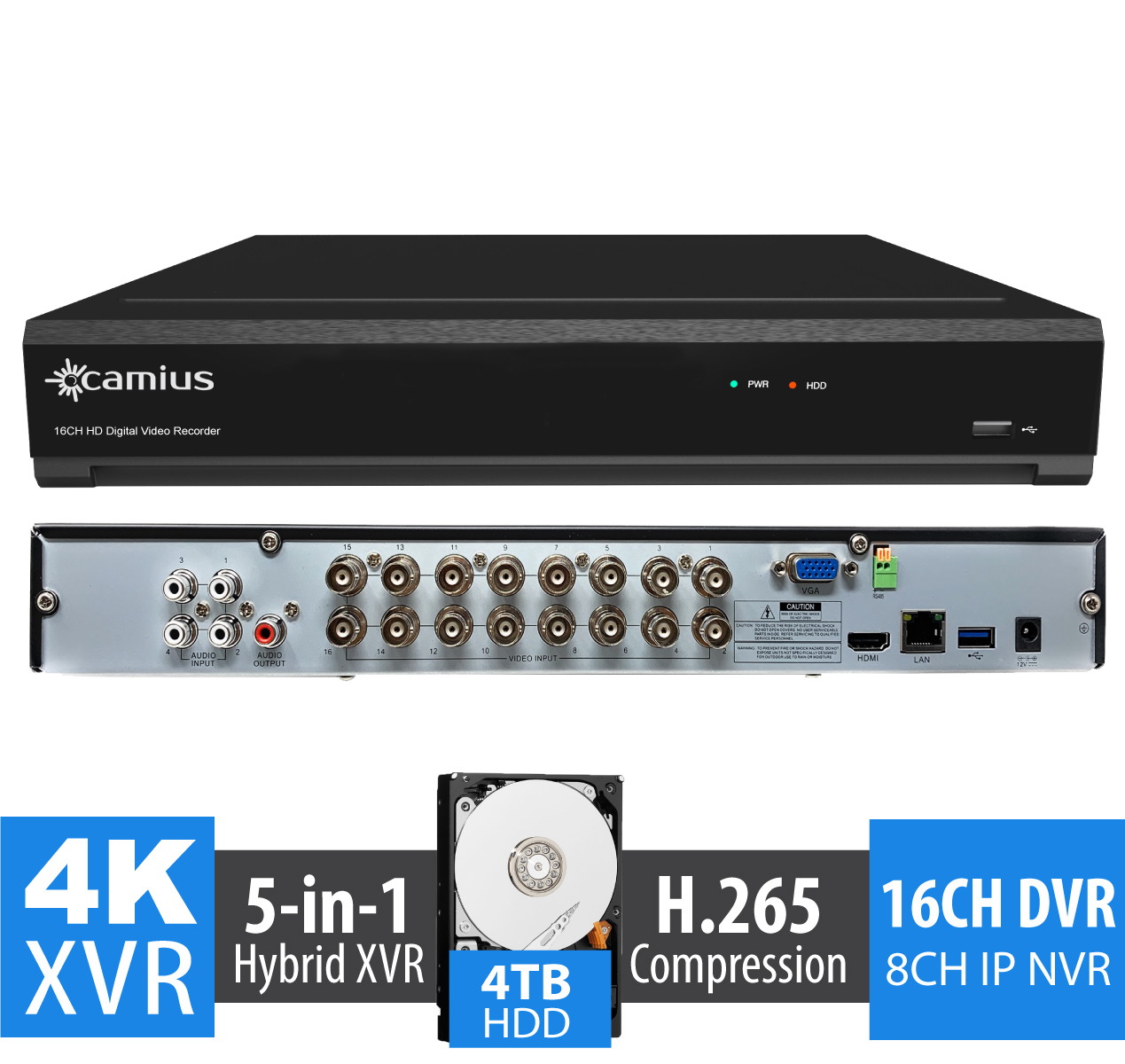 Camius 4K 16 Channel Hybrid DVR  without HDD  - works with CVBS, AHD CVI, TVI BNC analog cameras + 8CH IP, 4K HDMI, Mobile app, PC, Mac software,  view  - TRIVAULT4K2168 (ONLY  DVR)