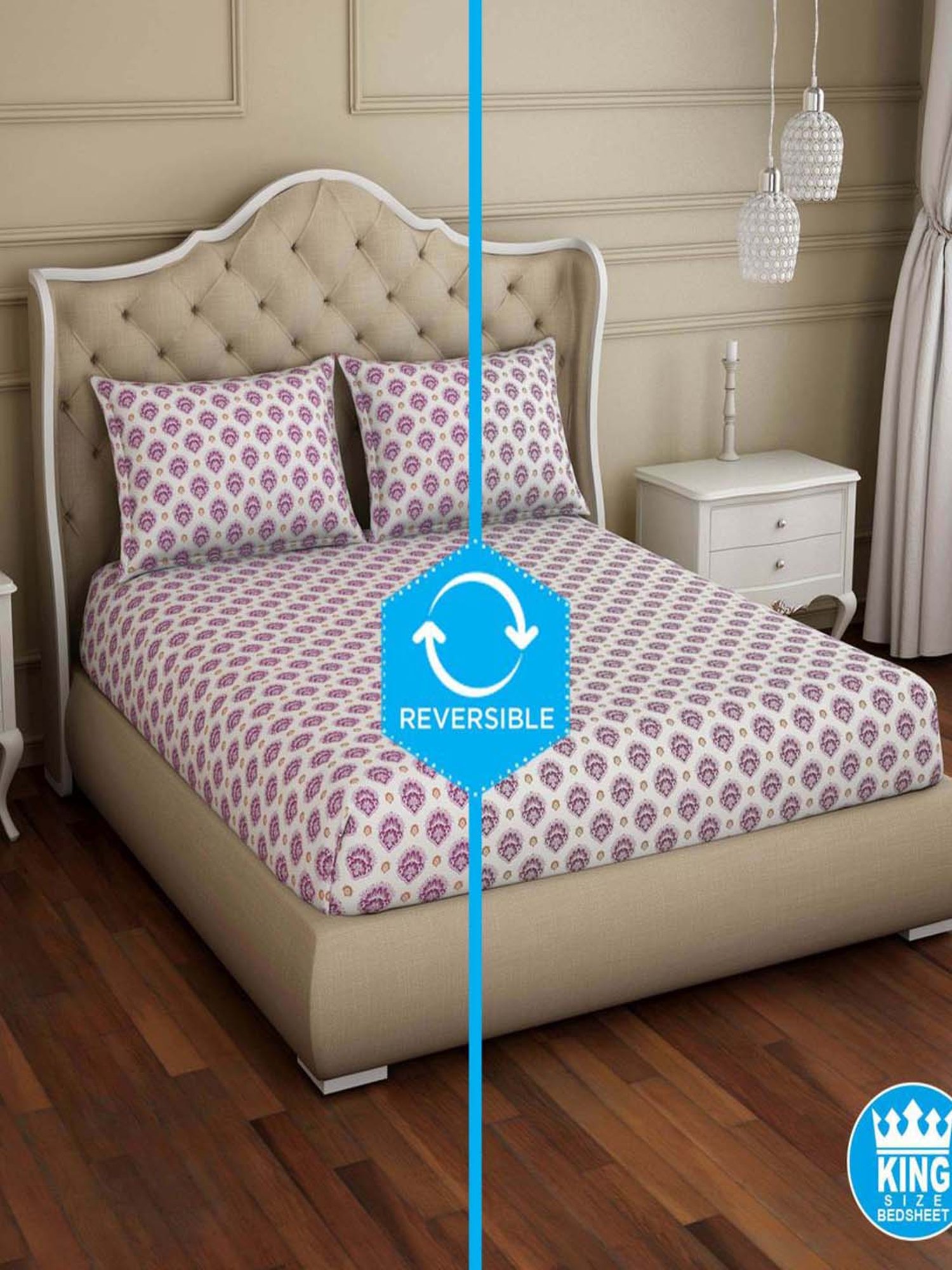 Welspun Reversible 150 TC White & Purple Bed Sheet Set