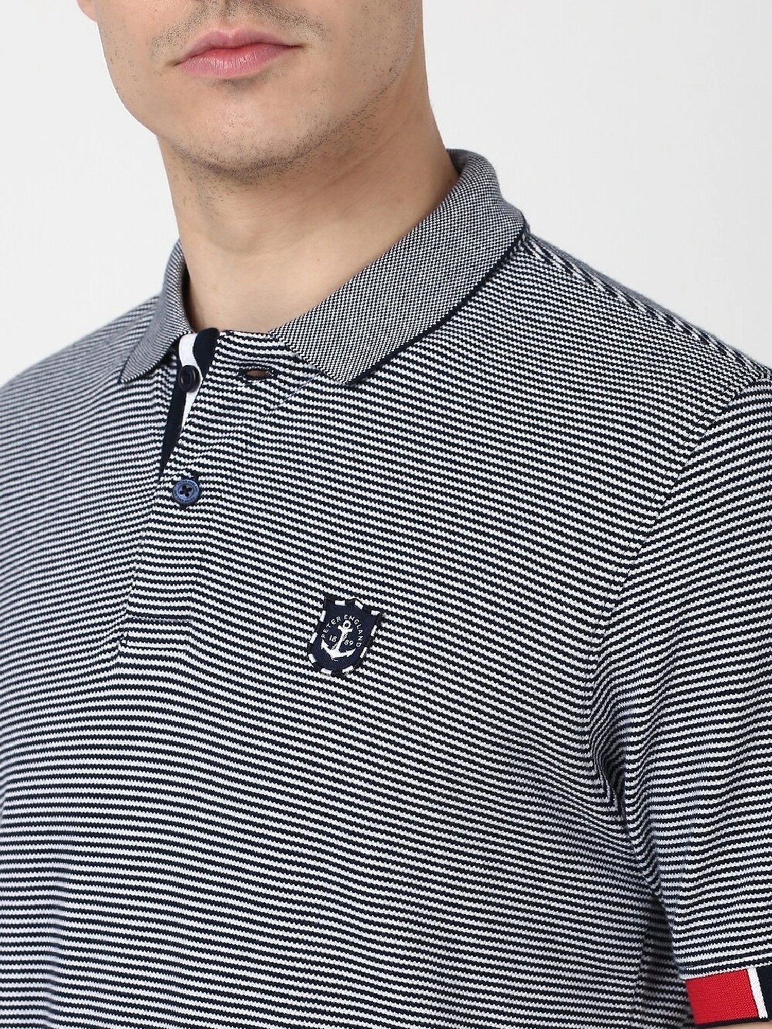 Peter England White Cotton Regular Fit Striped T-Shirt