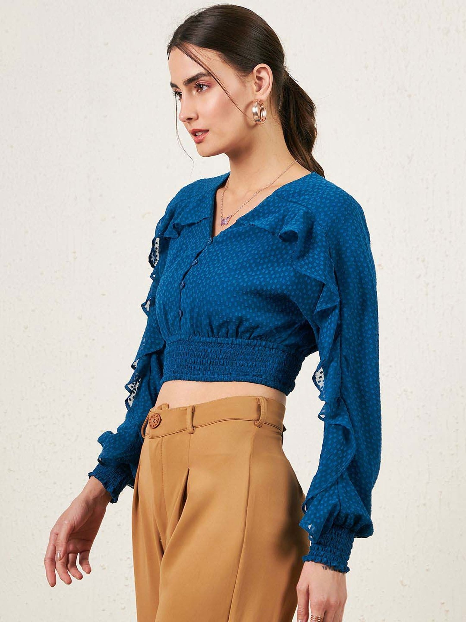 Rare Blue Self Pattern Crop Top