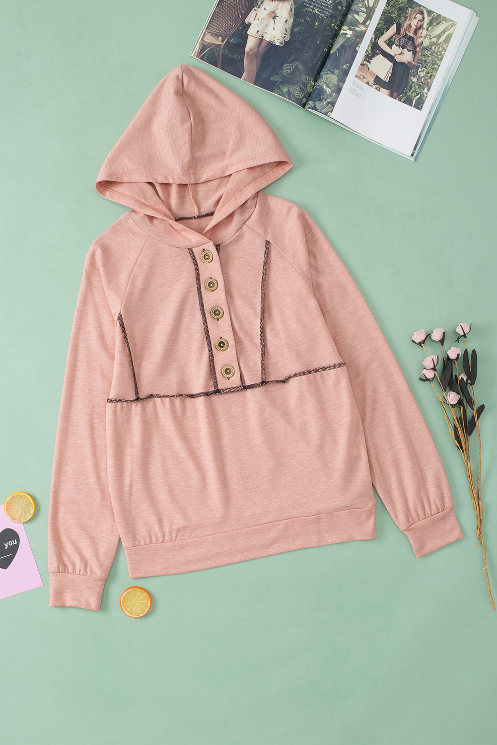 Pink Solid Color Exposed Seam Henley Pullover Hoodie