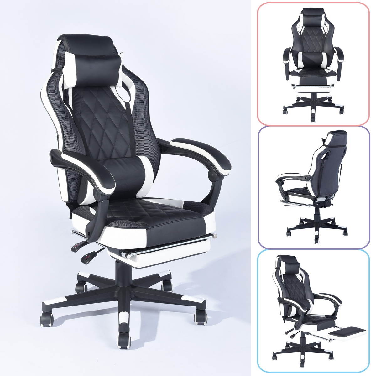 FurnitureR Gaming Chair Ergonomic High Back Computer Chair with Height Adjustment, Footrest and Headrest, White