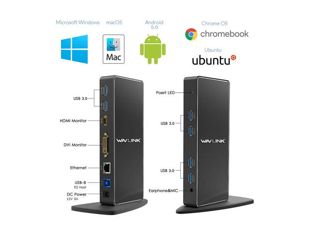 Wavlink USB 3.0 Universal Docking Station, Vertical Aluminum Laptop Docking Station, Dual Monitor Display  USB3.0 Dock For HDMI/DVI/VGA, Gigabit Ethernet, 6 USB 3.0 Ports, Audio, For Windows & Mac