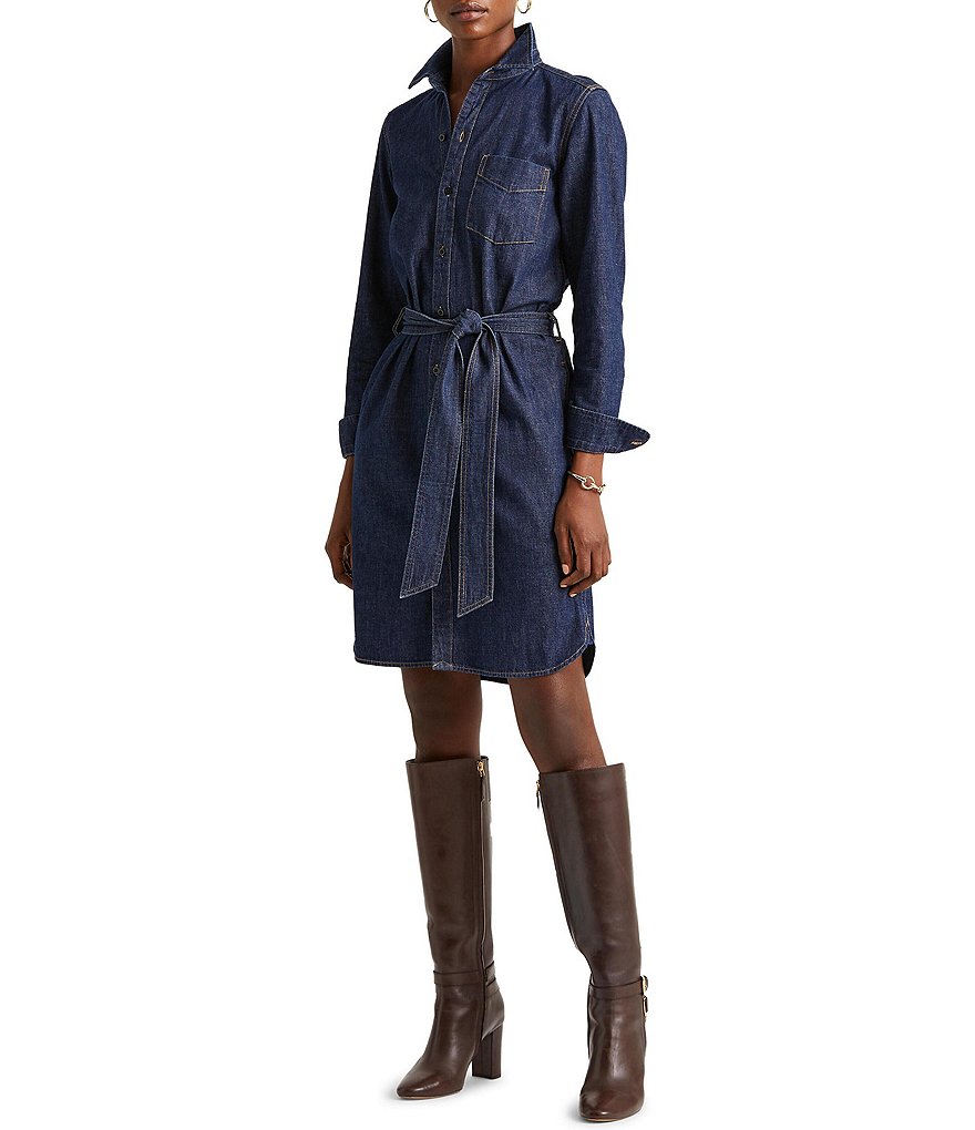 Lauren Ralph Lauren Jameika Denim Long Sleeve Button-Down Collar V-Neck Button Down Shirt Dress