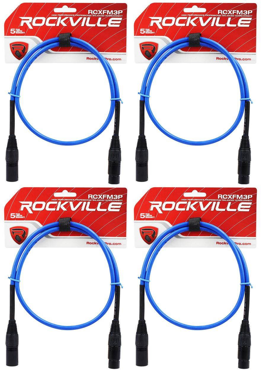 4 Rockville RCXFM3P-BL Blue 3' Female to Male REAN XLR Mic Cables 100% Copper