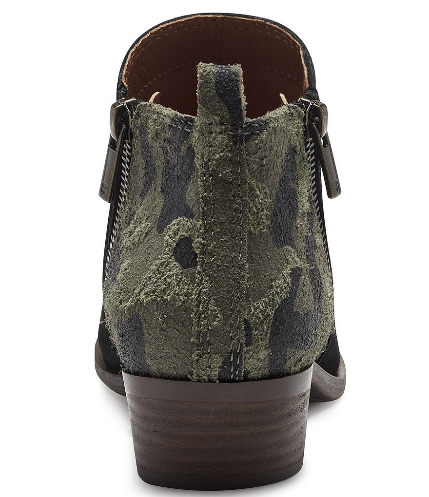 Lucky Brand Basel Camo Printed Suede Side Zip Block Heel Ankle Booties