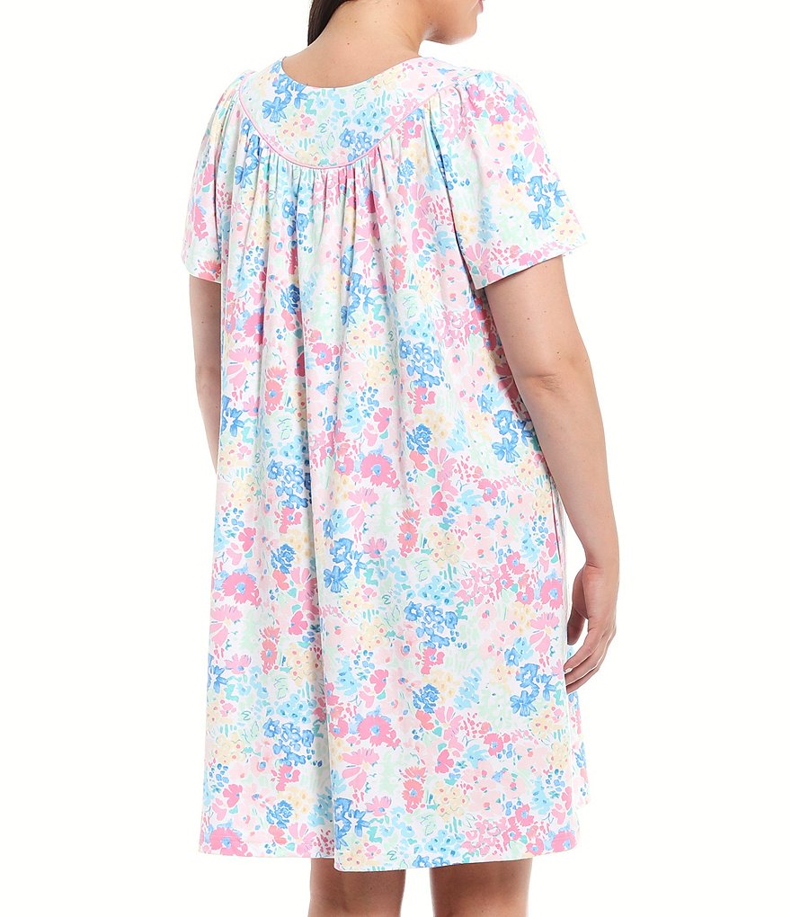 Miss Elaine Plus Floral Print Interlock Knit Grip-Front Short Robe