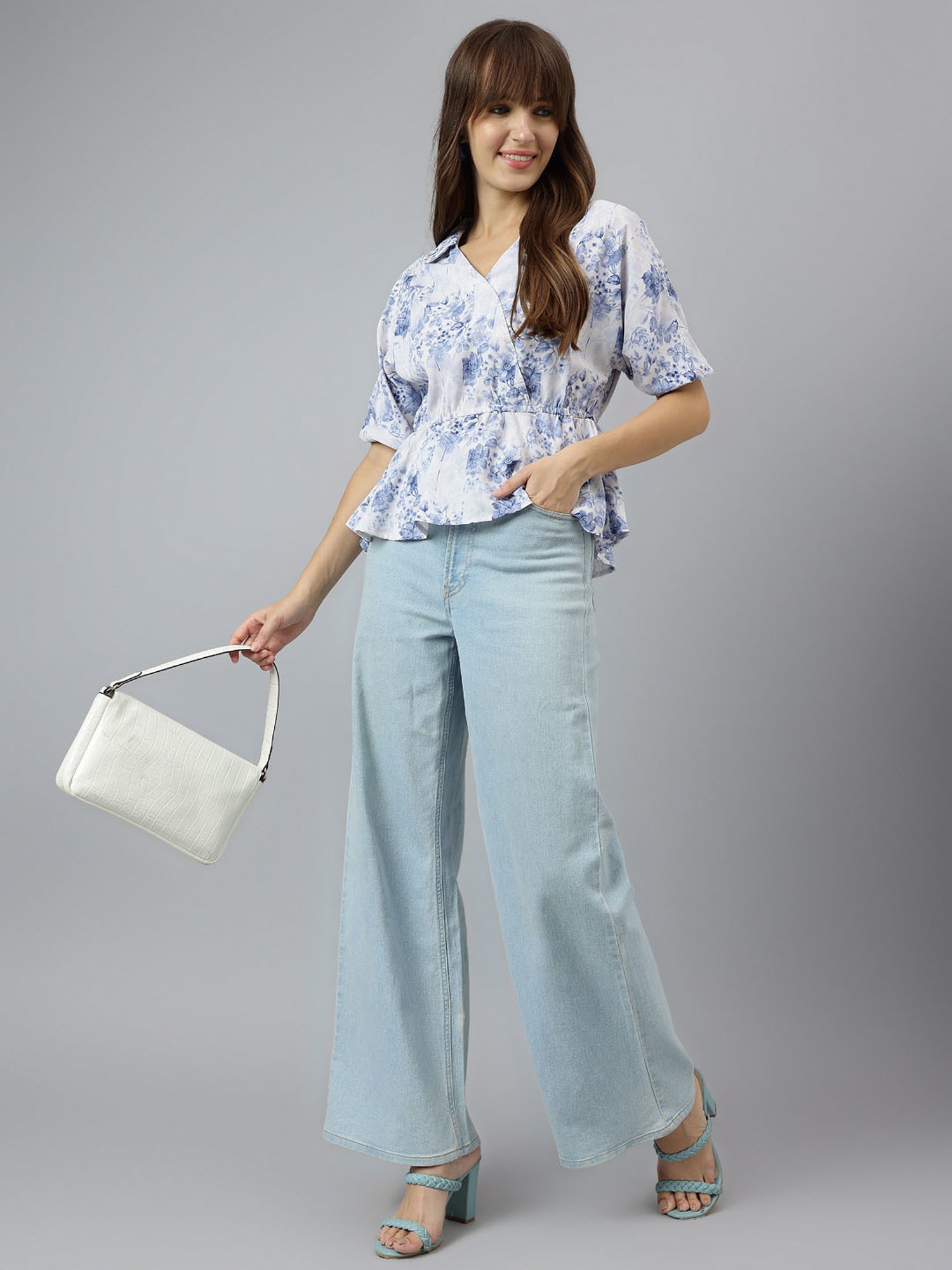 Latin Quarters Blue Printed Peplum Top