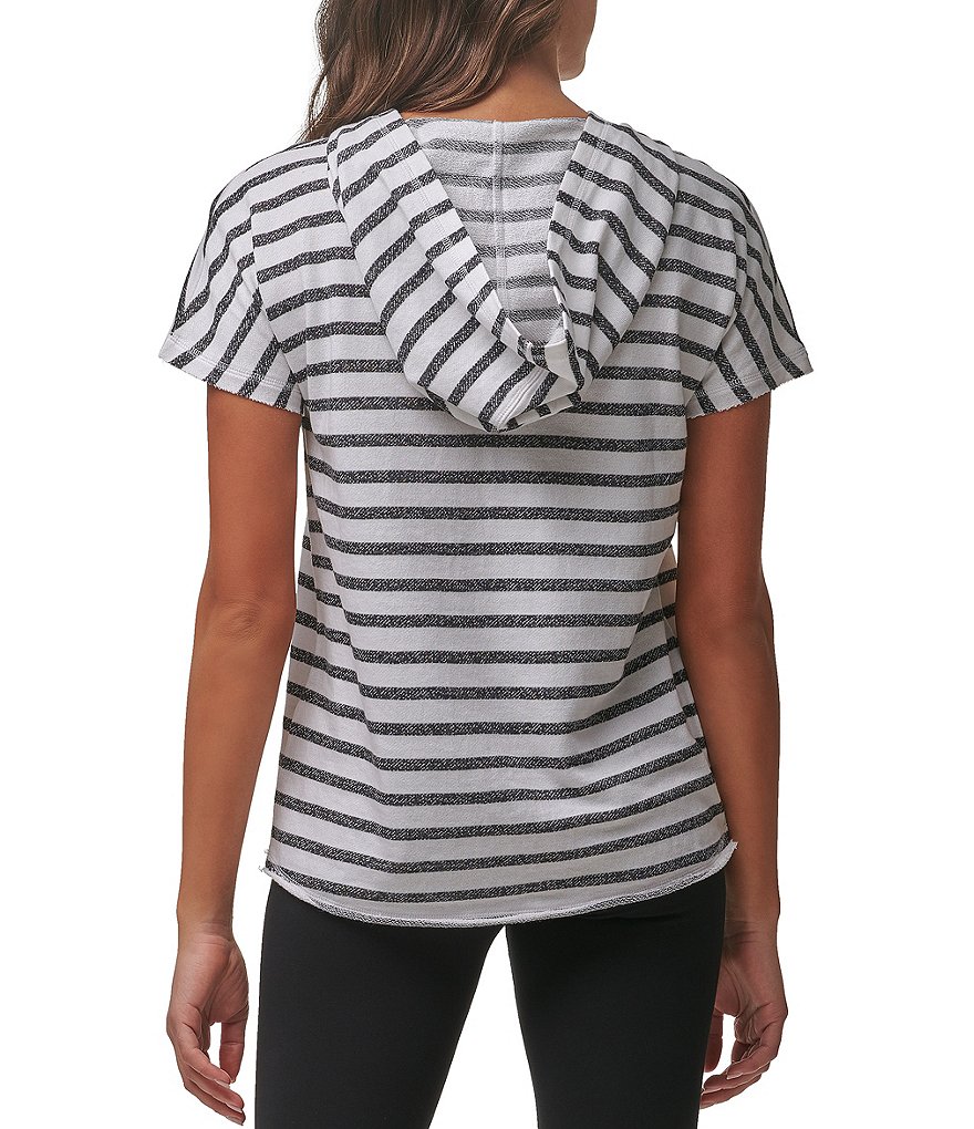 Marc New York Stripe French Terry Short Sleeve Hooded V-Neck Pullover Top